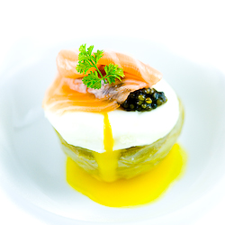 Artichoke Heart, Salmon Cream, Poached Egg, Smoked Scottish Salmon, Osetra caviar