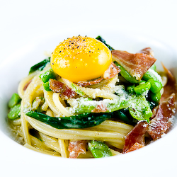 Spaghetti “Carbonara” with Duck Prosciutto, Fava Beans & Ramps