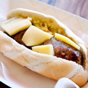 Saucisse de Toulouse with Roasted Pepper Goat Butter and Morbier Cheese from Hot Doug\'s in Chicago