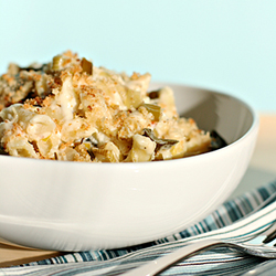 Mac and cheese with braised leeks, asiago and parmesan breadcrumbs