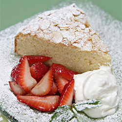 Almond cake with strawberries and ginger chantilly