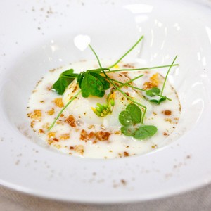 Slow cooked egg, white asparagus veloute, Parmesan crumble, sorrel by Chef Paul Liebrandt of Corton