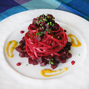 Roasted Beets over Linguine with Dual Beet & Butternut Squash Purées