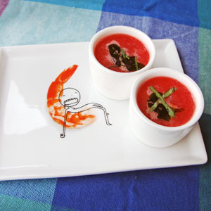 Watermelon Gazpacho with Shrimp, Masago & Basil Oil