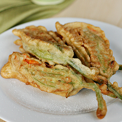 Pan-fried zucchini flowers with ricotta and garden herbs