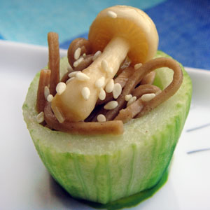 Soba Noodles with Shimeji Mushrooms in Hollowed Cucumbers