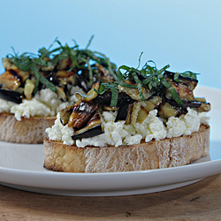 Bruschetta with ricotta, grilled eggplant and fresh mint