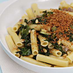 Ziti with spicy chicory and toasted Parmesan breadcrumbs