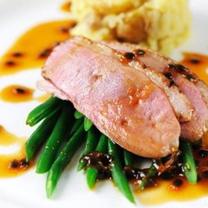 Gressingham Duck Breast with Passion Fruit sauce and New potatoes