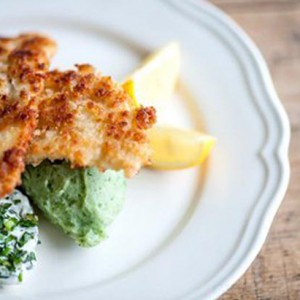 Crumbed plaice with green mash