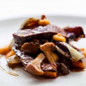 ANDY MCLEISH\' S ROAST LOIN OF VENISON WITH BUTTERNUT SQUASH, GIROLLES AND ROAST TREVISO.