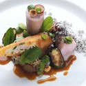 Loin of rabbit with rabbit spring roll and tomato couscous