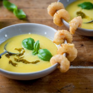 Sweetcorn soup with tempura prawns